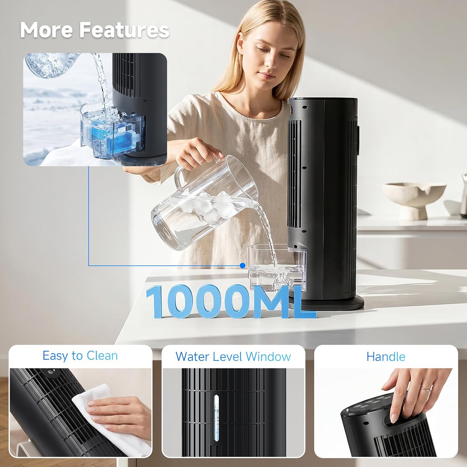  Climatiseur Mobile Portable Rafraîchisseur D'air Silencieux (Améliorée) Pour Chambre - Puissance 7,5 M/s, Oscillation 90°, 4 Vitesses, 2 Modes, Minuteur 10H, Télécommande, Sans Lame, Noir Carbone