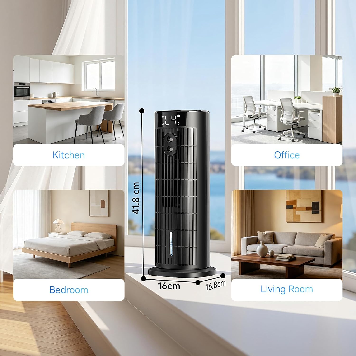  Climatiseur Mobile Portable Rafraîchisseur D'air Silencieux (Améliorée) Pour Chambre - Puissance 7,5 M/s, Oscillation 90°, 4 Vitesses, 2 Modes, Minuteur 10H, Télécommande, Sans Lame, Noir Carbone