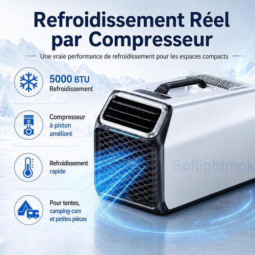  220v Climatiseur Portable 5000 BTU Pour Cabine De Camion Silver-220V | Solution Compacte Pour Cabine De Camion, Van, Tente Ou Petit Bureau Quand Une Clim Fixe N’est Pas Possible.