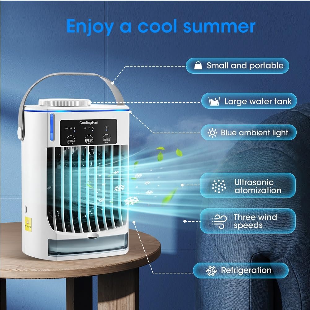  Chillwell Climatiseur Portable 2.0, Humidificateur De Refroidisseur D'air Par évaporation Rechargeable, Refroidissement De L'air De Bureau Personnel, 3 Vitesses For Le Bureau, La Maison, La Chambre, L