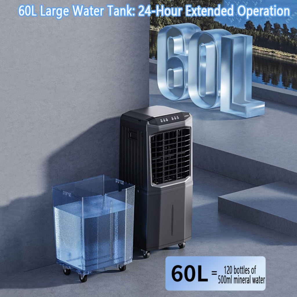  Climatiseur Portable, Rafraîchisseur D'air Par évaporation, Sans Fenêtre, Avec Réservoir Amovible De 60 L, Oscillation à 120°, Ultra Silencieux Pour Appartement, Garage Ou Extérieur.