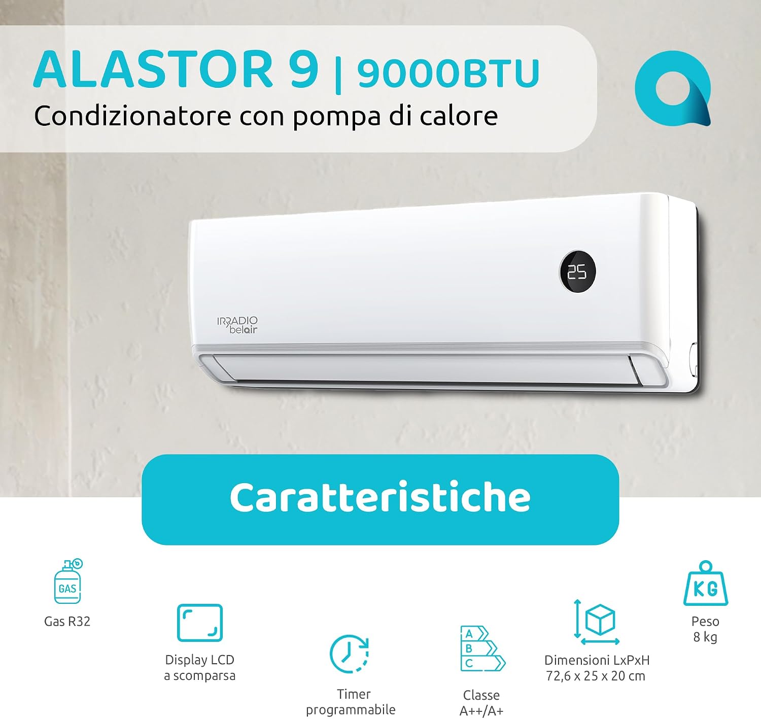  ALASTOR 9 Climatiseur Inverseur 9000 BTU Avec Pompe à Chaleur, Gaz R32, Classe A++/A+, Télécommande LCD Sans Fil, écran LCD, Filtres Lavables, Minuterie Programmable