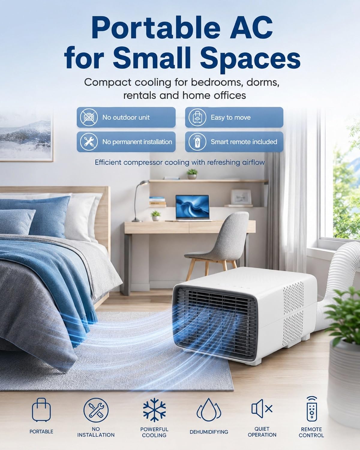  Climatiseur Mobile Pour Chambre Et Bureau, 900W De Refroidissement, 280W Faible Consommation, 45 DB Silencieux, Minuterie 1-12H, Affichage Numérique, Télécommande