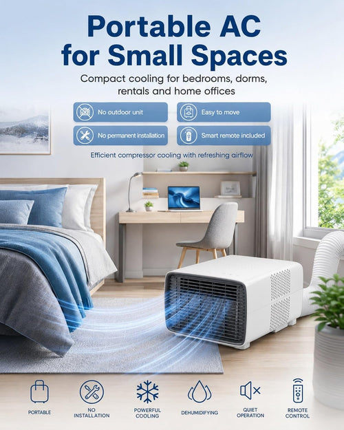  Climatiseur Mobile Pour Chambre Et Bureau, 900W De Refroidissement, 280W Faible Consommation, 45 DB Silencieux, Minuterie 1-12H, Affichage Numérique, Télécommande