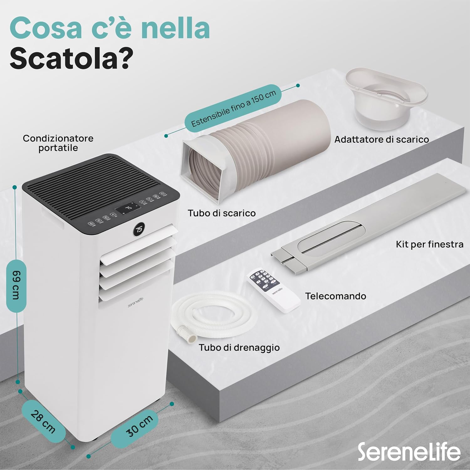  SereneLife Climatiseur Mobile 7000 BTU Avec Évacuation – Climatisation Portable WiFi 3 En 1 Silencieuse Avec Déshumidificateur, Ventilateur Et Kit Fenêtre