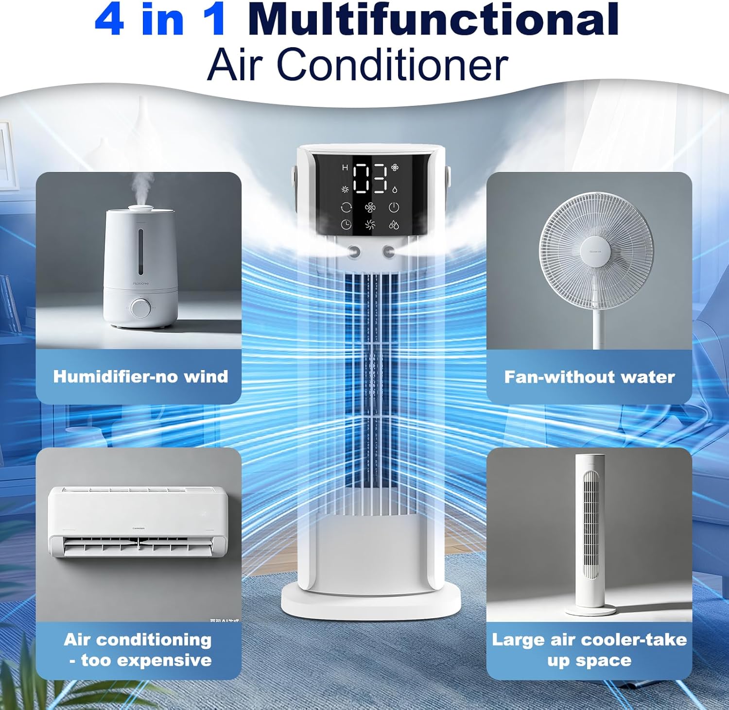  Climatiseur Mobile Avec Reservoir 4 En 1 Rafraichisseur D'air Silencieux Avec 4 Vitesses, Mode Tempête, 2 Modes De Pulvérisation, Minuterie Et Oscillation à 90° Pour Chambre Et Bureau