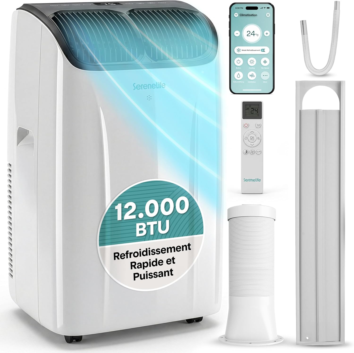  SereneLife Climatiseur Portable 12 000 BTU – Clim Mobile 4 En 1 Silencieuse Avec WiFi, Rafraîchisseur D’Air, Déshumidificateur, Ventilation, Chauffage, Kit Fenêtre, Contrôle APP