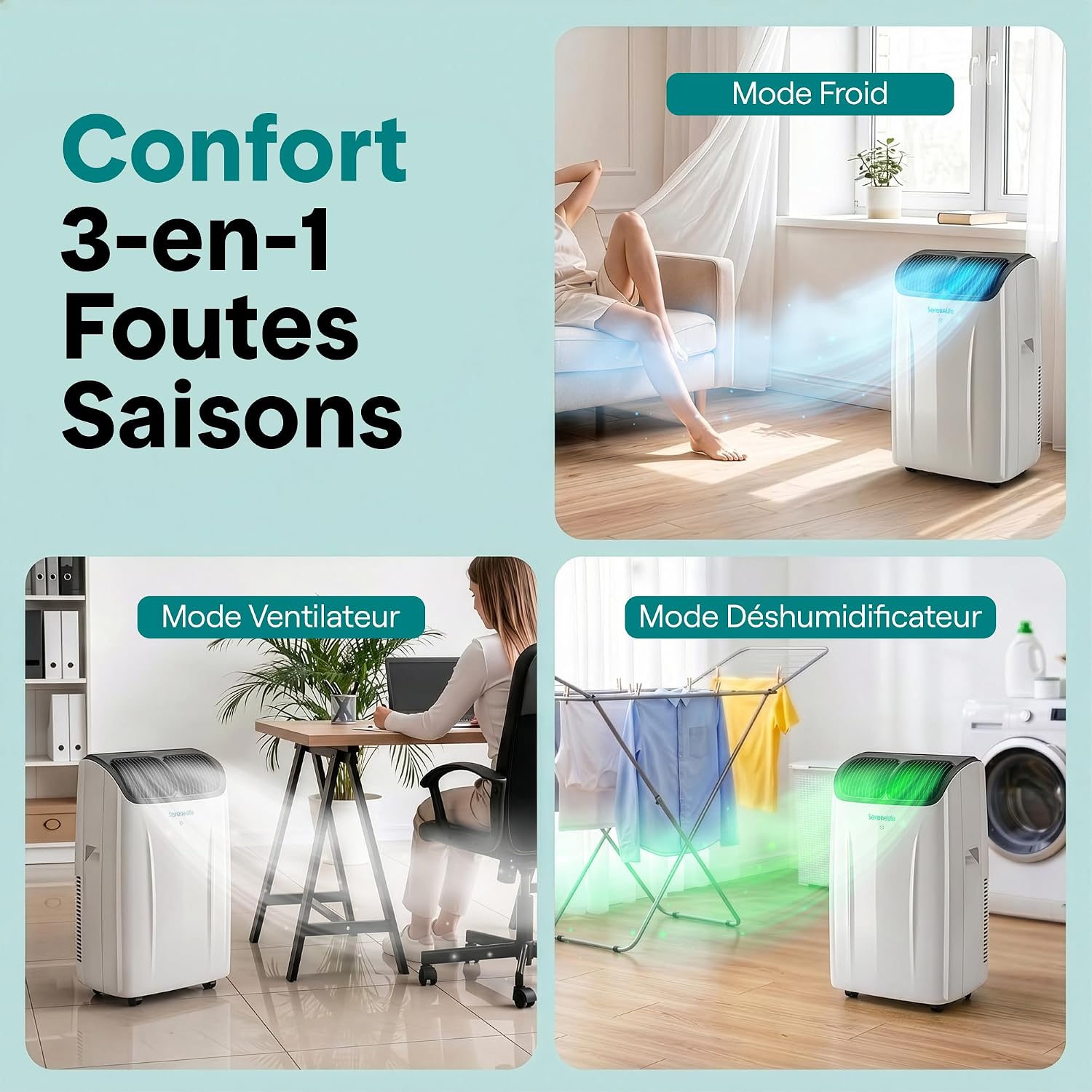  SereneLife Climatiseur Portable 12 000 BTU – Clim Mobile 4 En 1 Silencieuse Avec WiFi, Rafraîchisseur D’Air, Déshumidificateur, Ventilation, Chauffage, Kit Fenêtre, Contrôle APP