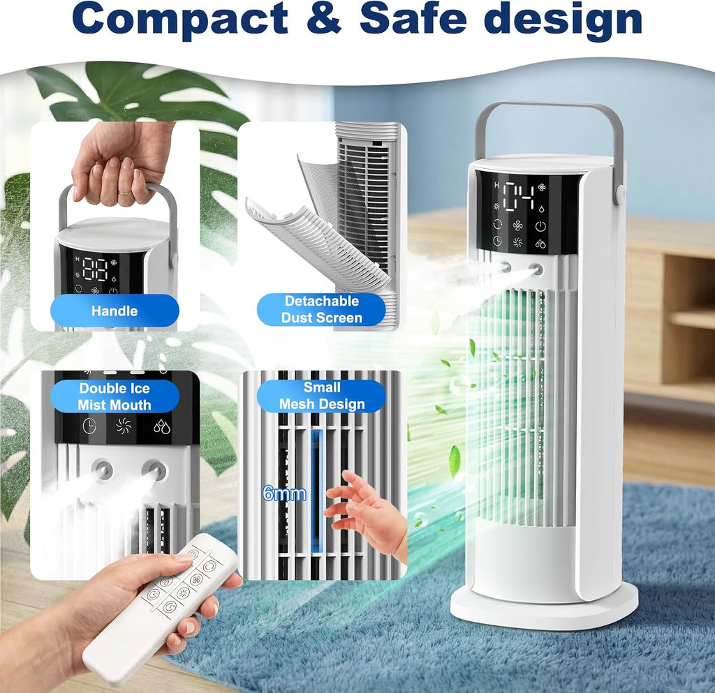  Climatiseur Mobile Avec Reservoir 4 En 1 Rafraichisseur D'air Silencieux Avec 4 Vitesses, Mode Tempête, 2 Modes De Pulvérisation, Minuterie Et Oscillation à 90° Pour Chambre Et Bureau