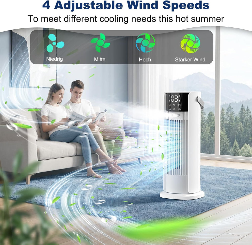  Climatiseur Mobile Avec Reservoir 4 En 1 Rafraichisseur D'air Silencieux Avec 4 Vitesses, Mode Tempête, 2 Modes De Pulvérisation, Minuterie Et Oscillation à 90° Pour Chambre Et Bureau