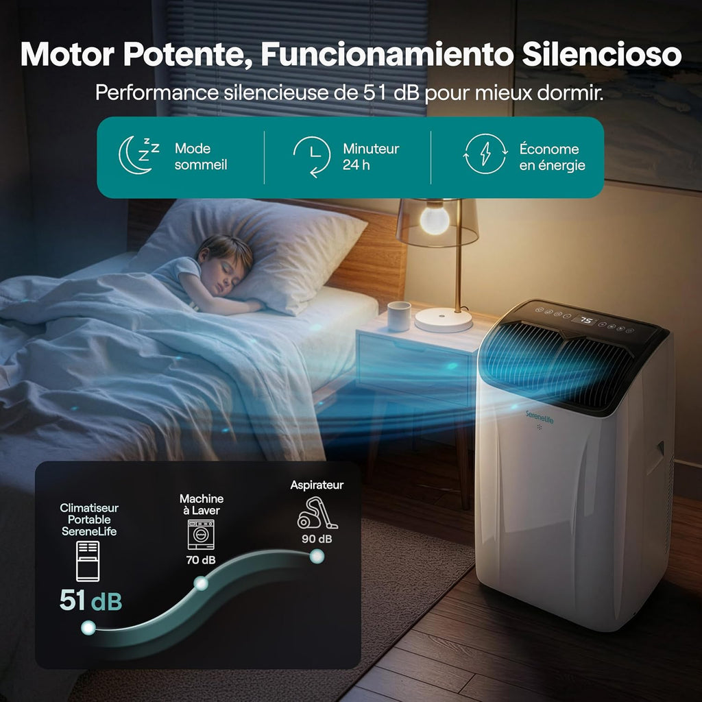  SereneLife Climatiseur Portable 12 000 BTU – Clim Mobile 4 En 1 Silencieuse Avec WiFi, Rafraîchisseur D’Air, Déshumidificateur, Ventilation, Chauffage, Kit Fenêtre, Contrôle APP
