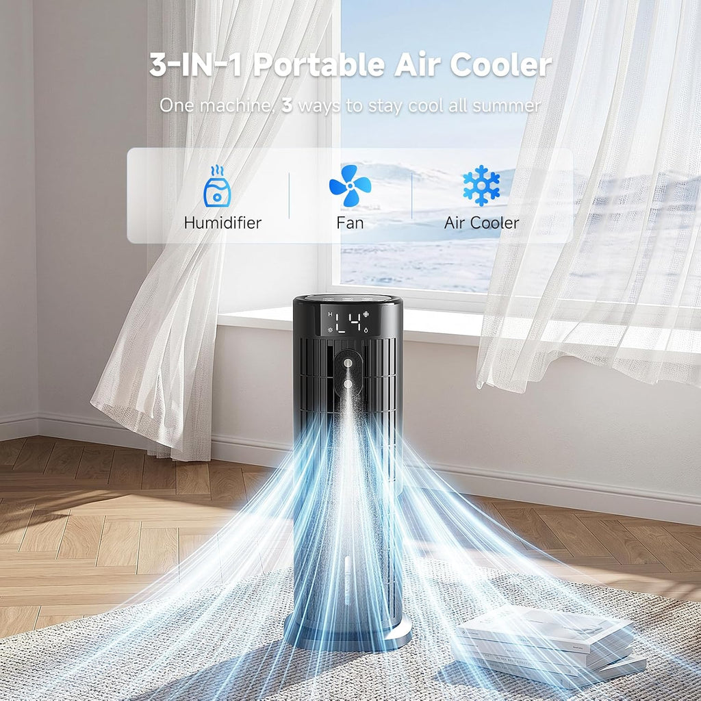  Climatiseur Mobile Portable Rafraîchisseur D'air Silencieux (Améliorée) Pour Chambre - Puissance 7,5 M/s, Oscillation 90°, 4 Vitesses, 2 Modes, Minuteur 10H, Télécommande, Sans Lame, Noir Carbone