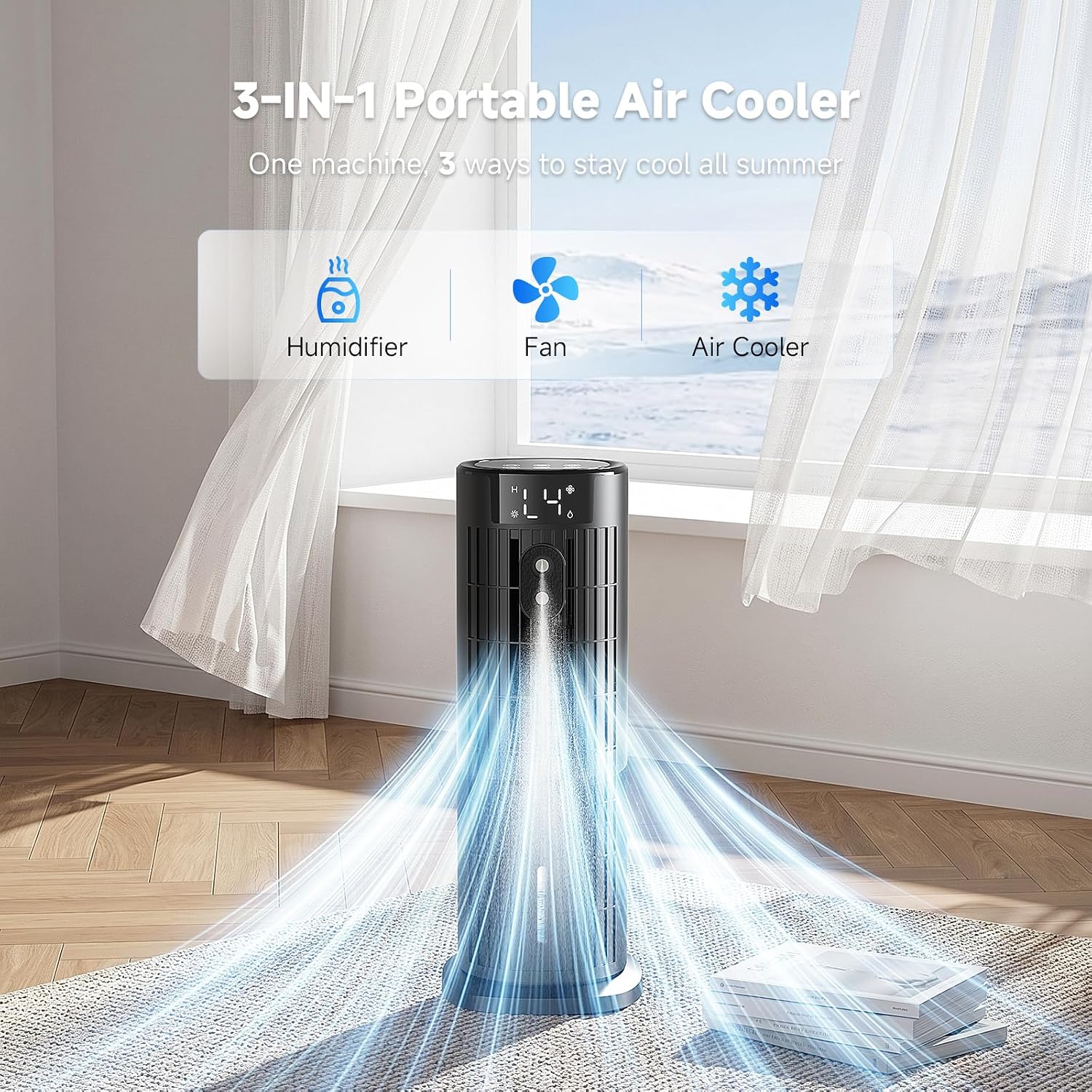  Climatiseur Mobile Portable Rafraîchisseur D'air Silencieux (Améliorée) Pour Chambre - Puissance 7,5 M/s, Oscillation 90°, 4 Vitesses, 2 Modes, Minuteur 10H, Télécommande, Sans Lame, Noir Carbone