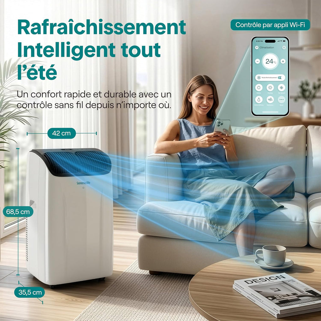  SereneLife Climatiseur Portable 12 000 BTU – Clim Mobile 4 En 1 Silencieuse Avec WiFi, Rafraîchisseur D’Air, Déshumidificateur, Ventilation, Chauffage, Kit Fenêtre, Contrôle APP
