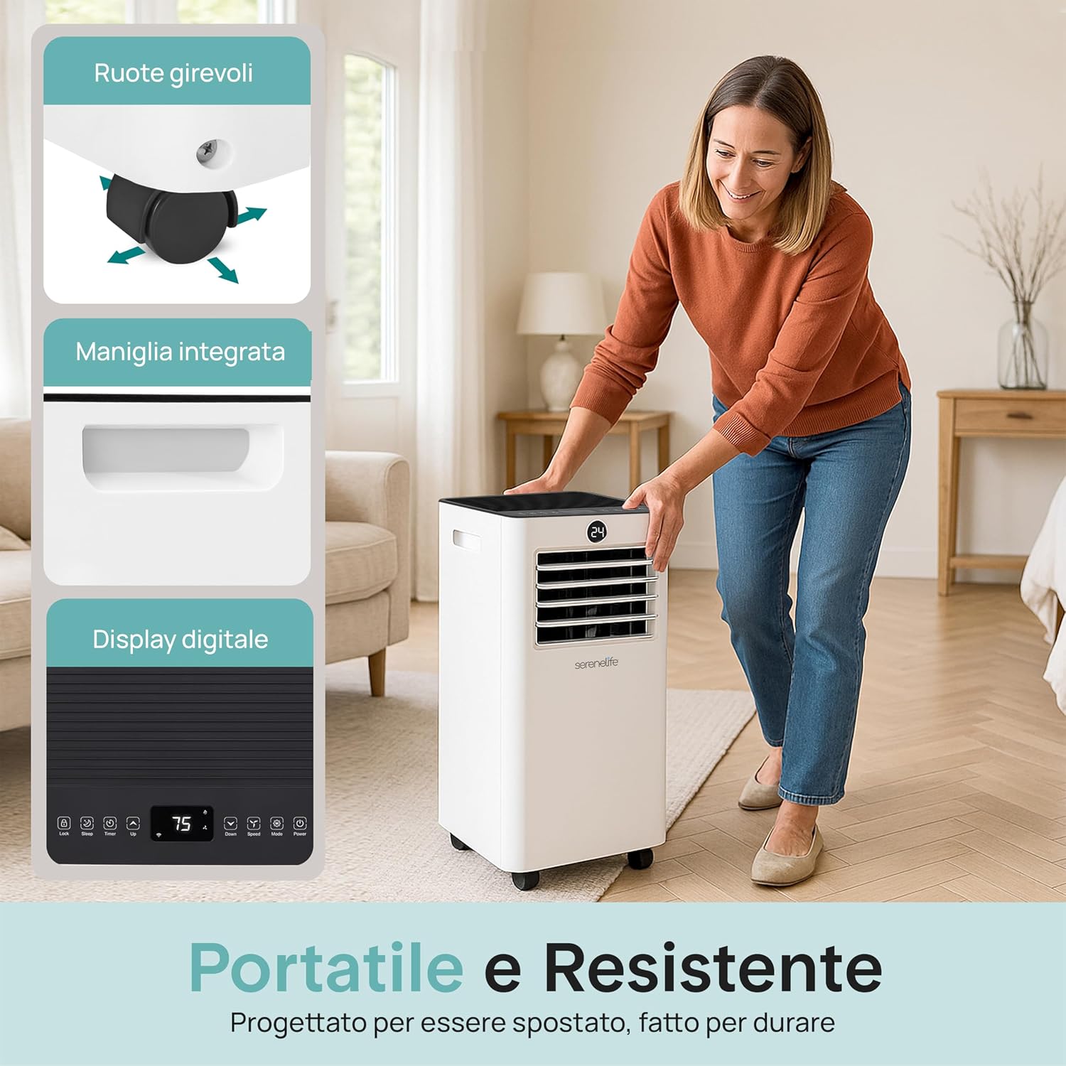  SereneLife Climatiseur Mobile 7000 BTU Avec Évacuation – Climatisation Portable WiFi 3 En 1 Silencieuse Avec Déshumidificateur, Ventilateur Et Kit Fenêtre
