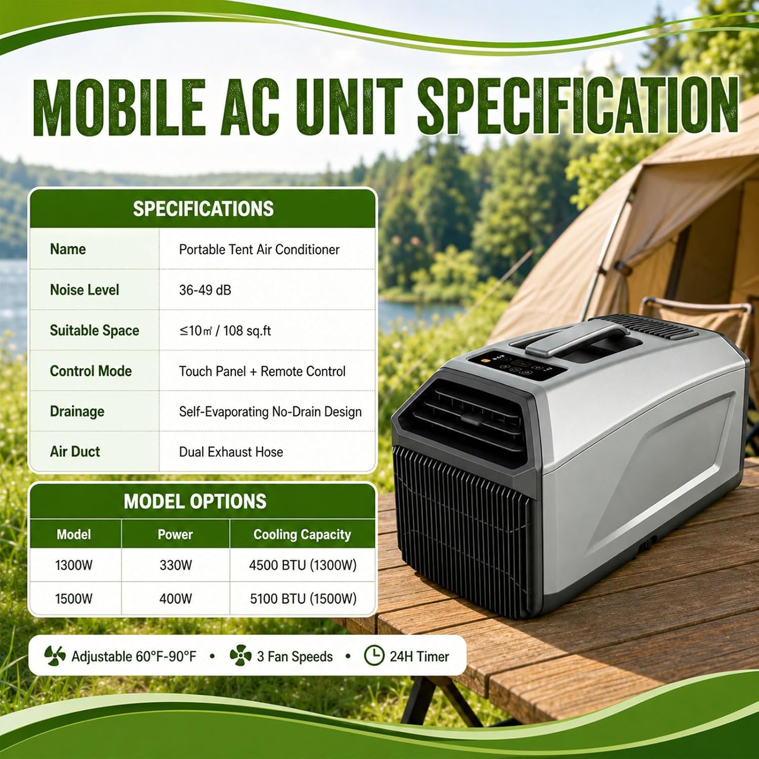  Mini Climatiseur Portable Pour Le Camping,avec Fonction 3 En 1 (Refroidissement,Déshumidificateur Et Ventilateur),Auto-Évaporateur Et Télécommande,Idéal Pour Tentes Et Caravanes 1300W