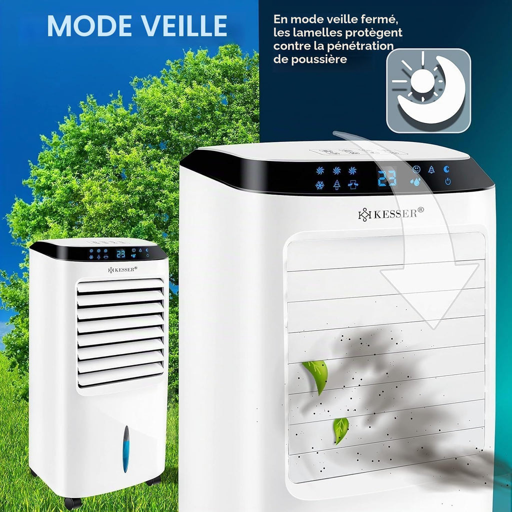  KESSER® Climatiseur Mobile 4 En 1 Avec Télécommande Et Minuterie, Réservoir D'eau De 10 L, Ioniseur Et Humidificateur, Ventilateur Sans Tuyau D'évacuation, 3 Niveaux Avec Blocs Réfrigérants