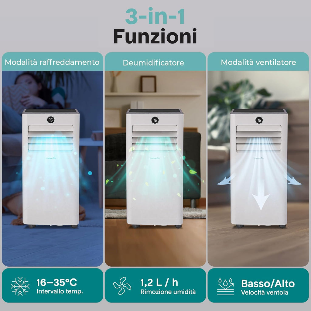  SereneLife Climatiseur Portable 9000 BTU, Climatiseur Portable WiFi Avec Télécommande, Kit Fenêtre, Déshumidificateur Et Ventilateur, Pingouin, Climatiseur Compact Pour Maison, Bureau Et école