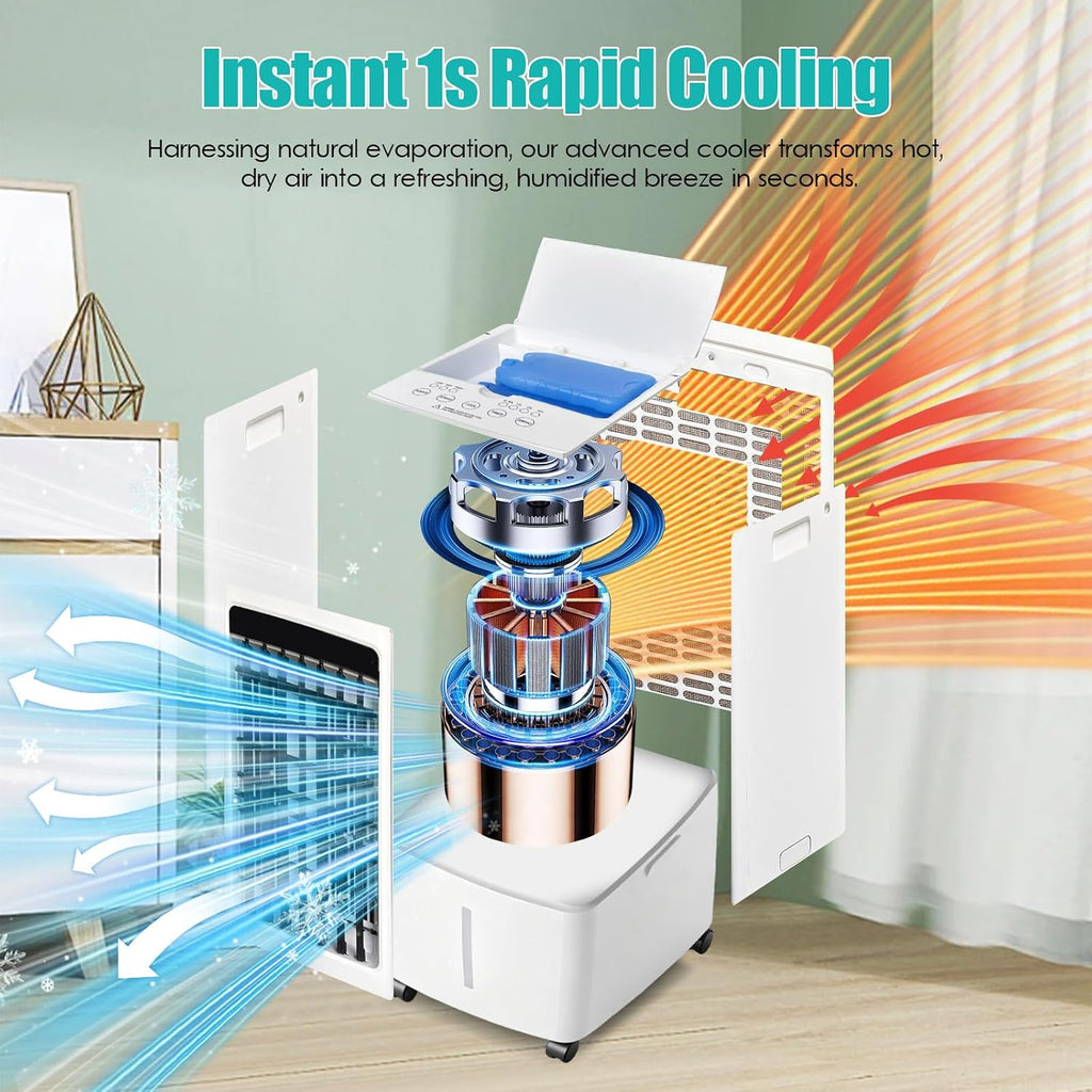  Rafraîchisseur D'air Évaporatif 12L (Alternative Climatiseur Mobile Sans Évacuation), 800 M³/h Puissant Portable, 3-en-1 Ventilateur & Humidificateur Avec Télécommande, Minuteur 12H, 8 Pains De Glace