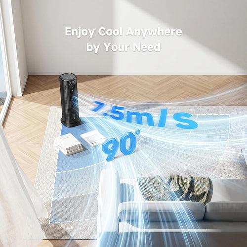  Climatiseur Mobile Portable Rafraîchisseur D'air Silencieux (Améliorée) Pour Chambre - Puissance 7,5 M/s, Oscillation 90°, 4 Vitesses, 2 Modes, Minuteur 10H, Télécommande, Sans Lame, Noir Carbone
