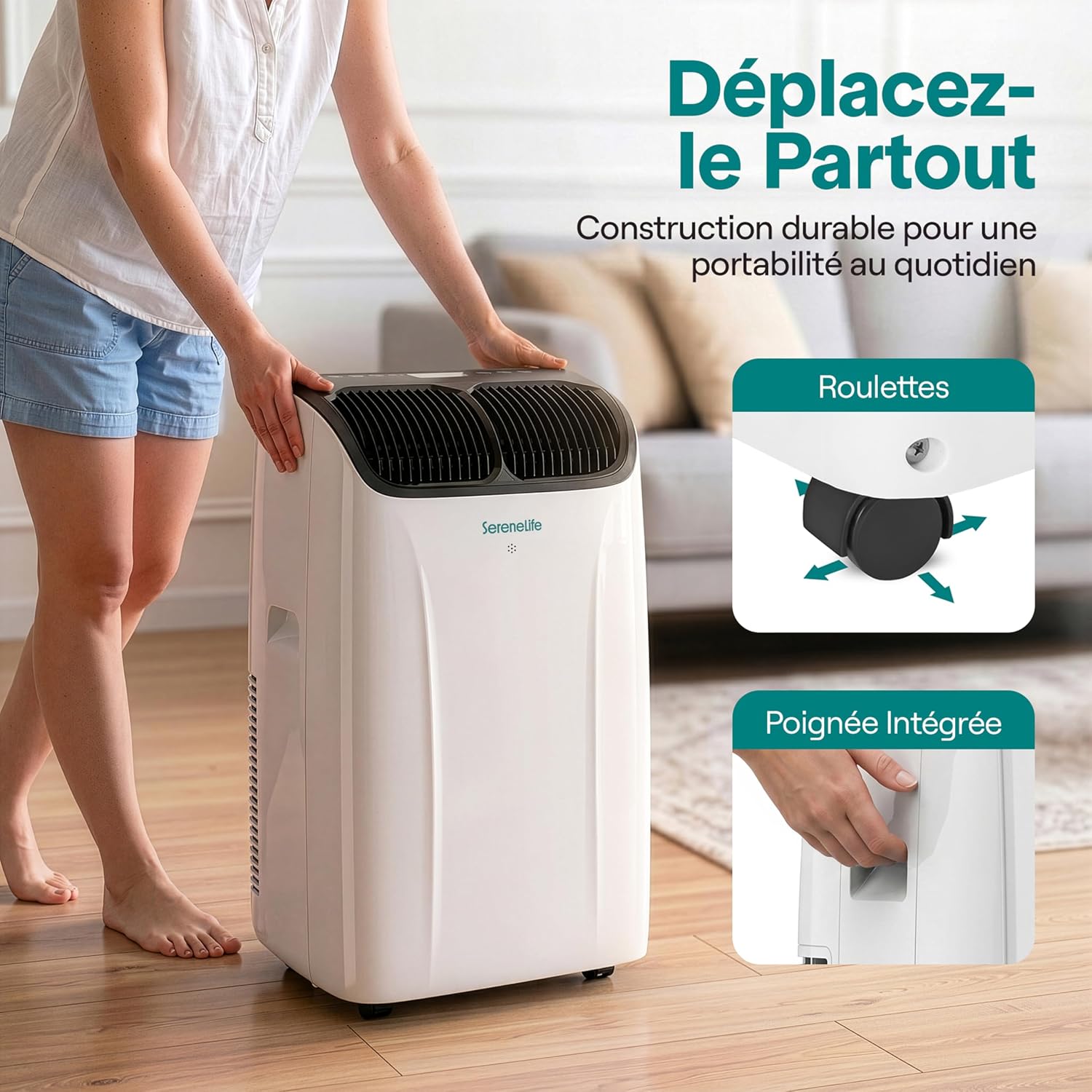  SereneLife Climatiseur Portable 12 000 BTU – Clim Mobile 4 En 1 Silencieuse Avec WiFi, Rafraîchisseur D’Air, Déshumidificateur, Ventilation, Chauffage, Kit Fenêtre, Contrôle APP