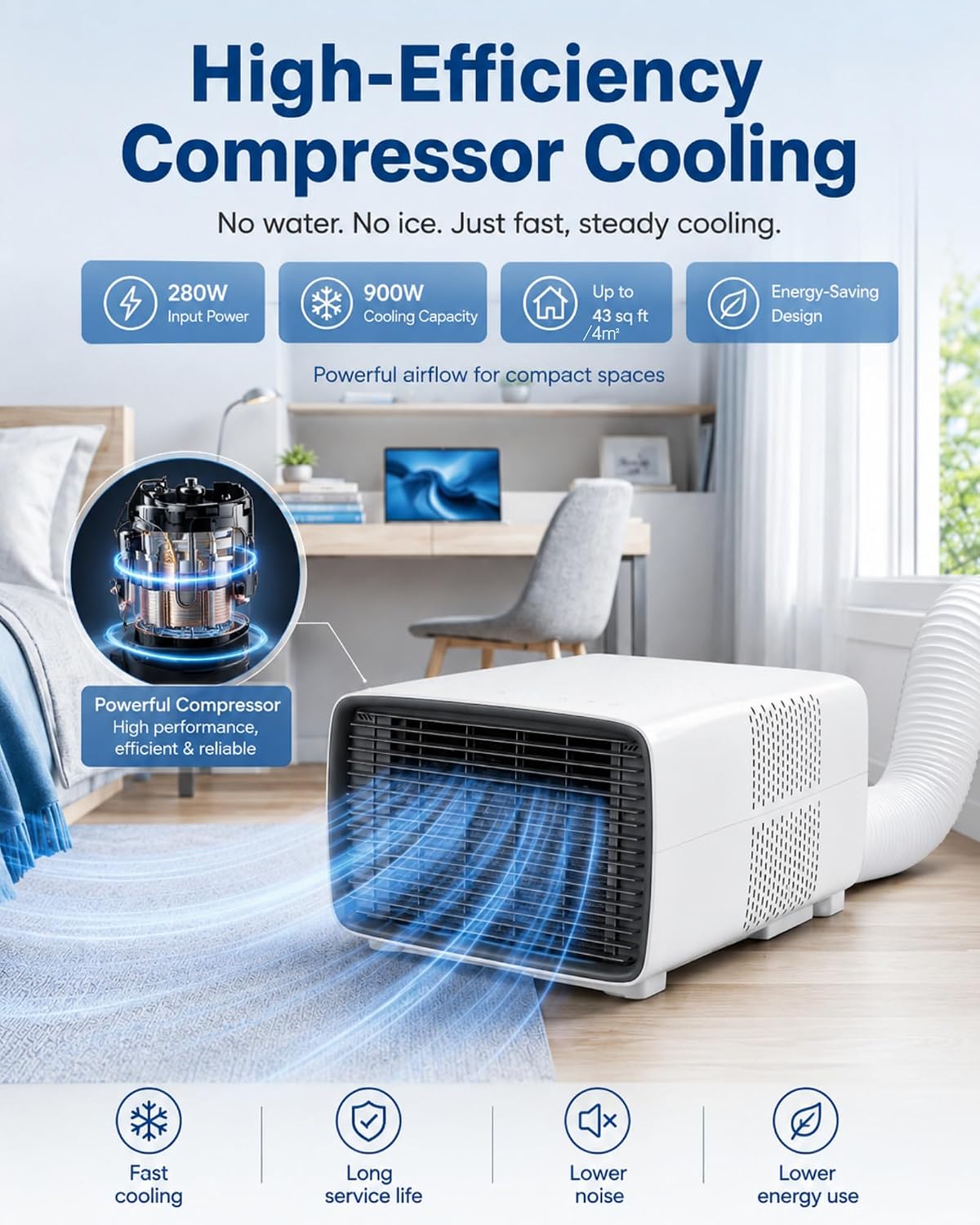  Climatiseur Mobile Pour Chambre Et Bureau, 900W De Refroidissement, 280W Faible Consommation, 45 DB Silencieux, Minuterie 1-12H, Affichage Numérique, Télécommande