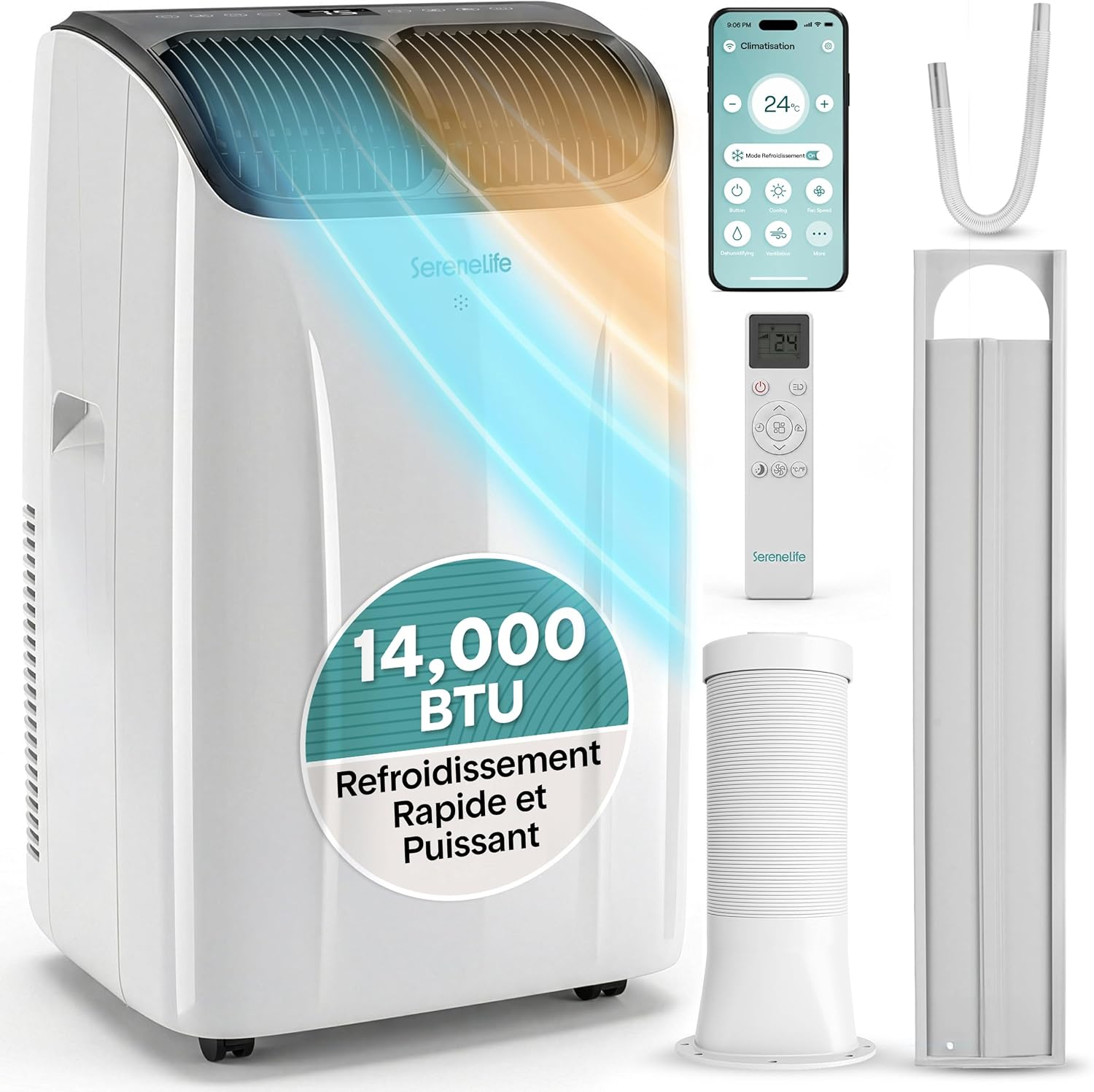  SereneLife Climatiseur Portable 12 000 BTU – Clim Mobile 4 En 1 Silencieuse Avec WiFi, Rafraîchisseur D’Air, Déshumidificateur, Ventilation, Chauffage, Kit Fenêtre, Contrôle APP