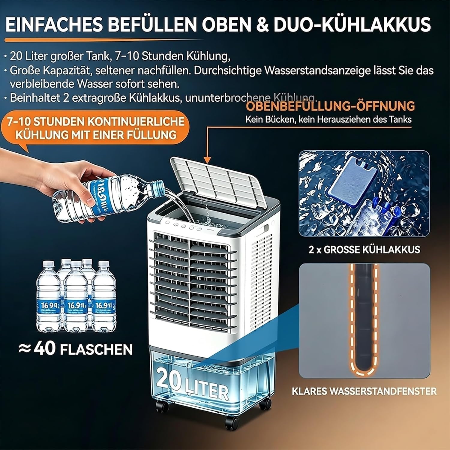 GENERIC Climatisation Mobile Sans Tuyau D'échappement 4in1 Refroidisseur D'air, Refroidisseur D'air Avec Télécommande, Réservoir D'eau De 20 Litres, 3 étapes Incl, 7H Minuteur, 2 Batteries De Refroidissement,
