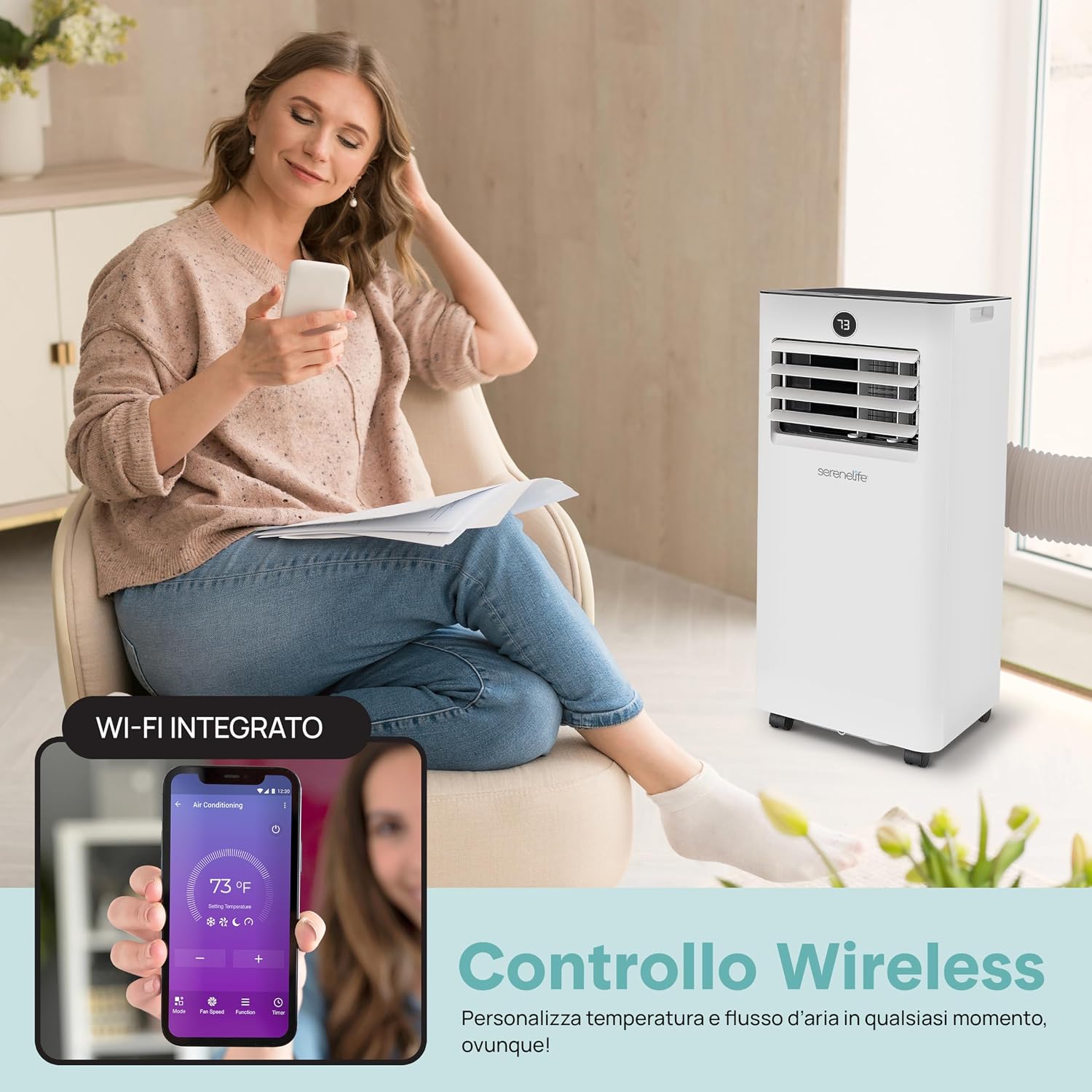  SereneLife Climatiseur Mobile 7000 BTU Avec Évacuation – Climatisation Portable WiFi 3 En 1 Silencieuse Avec Déshumidificateur, Ventilateur Et Kit Fenêtre