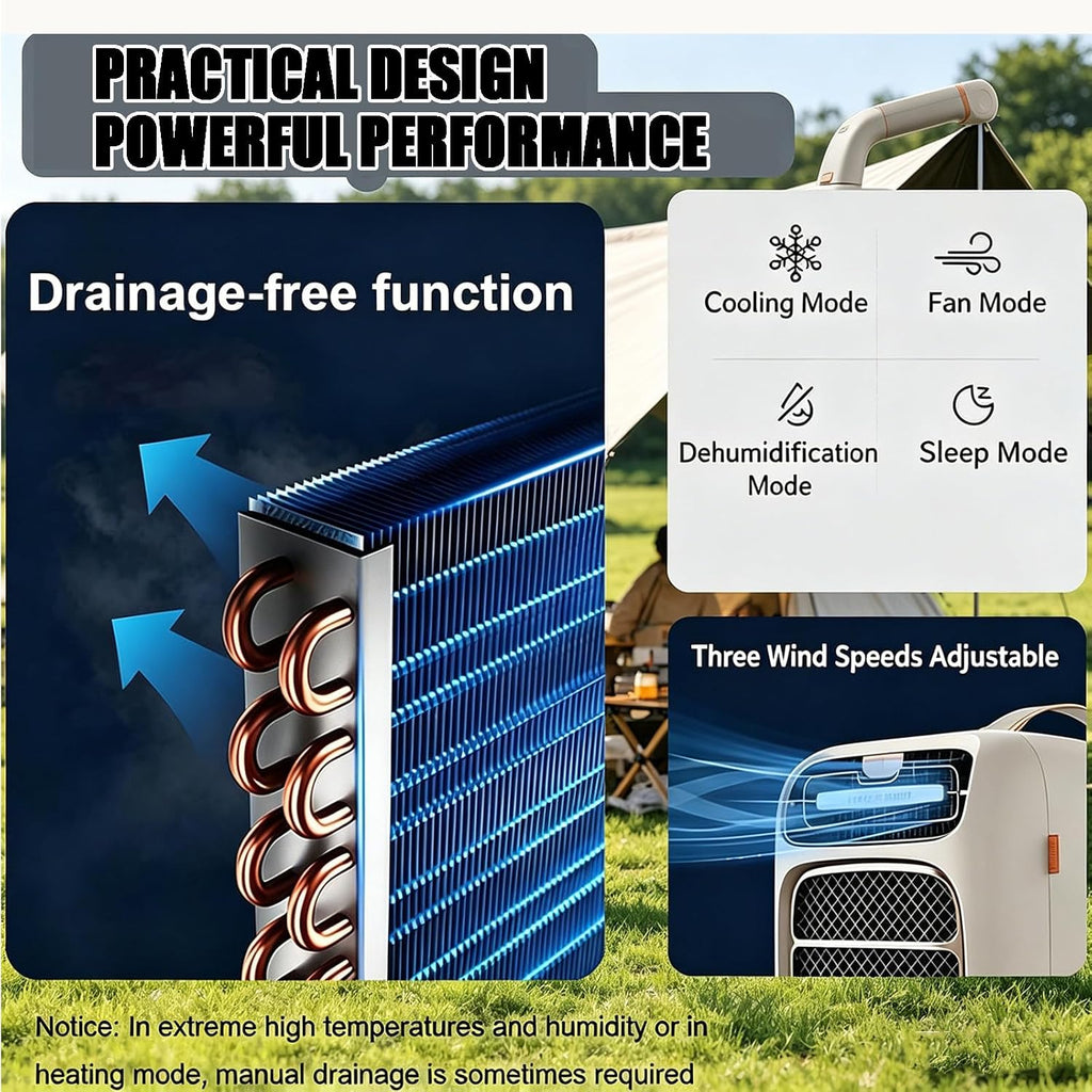  Climatisation Portable 420W, Compresseur Refroidisseur D'air Sans Montage De Fenêtre. Calme <42dB, Affichage Tactile Et Télécommande.Idéal Pour Camping-Car, Tente Et Camping.Aucun Drain Nécessaire.