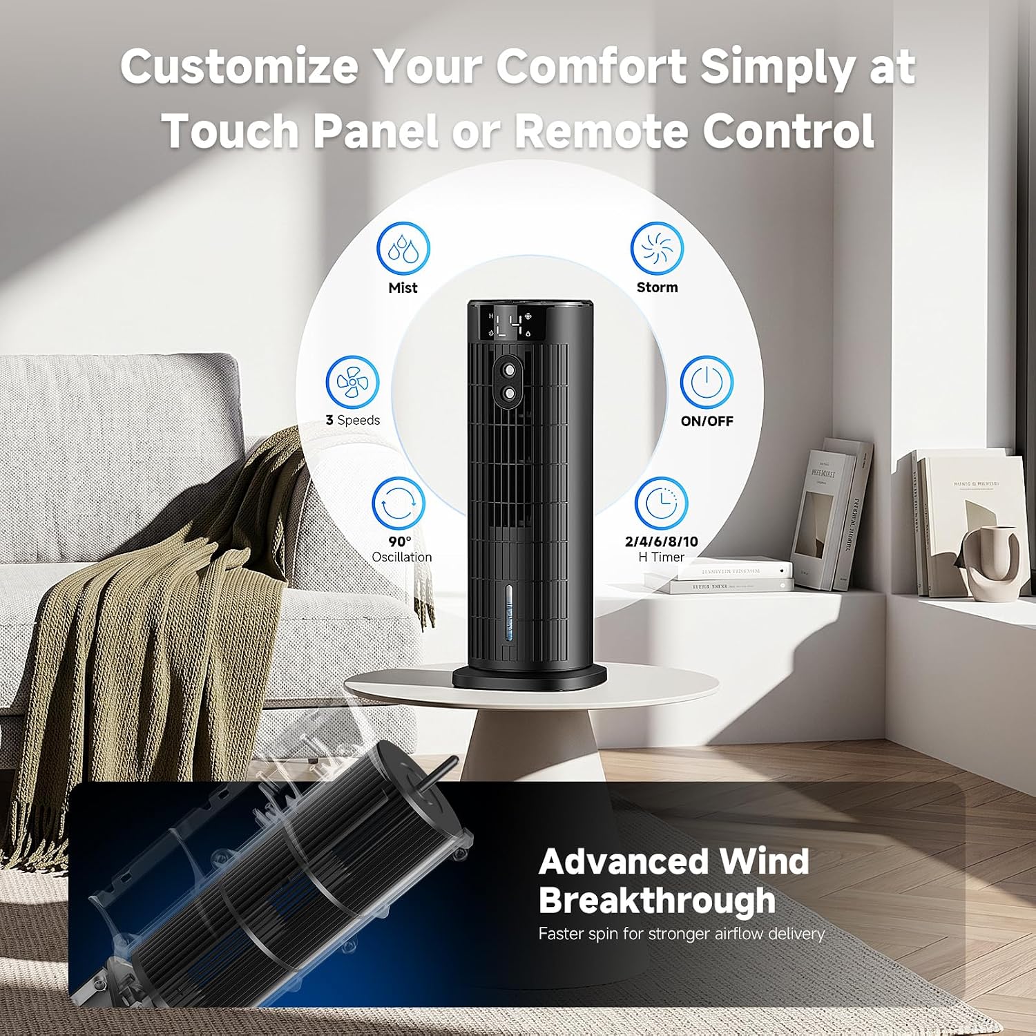  Climatiseur Mobile Portable Rafraîchisseur D'air Silencieux (Améliorée) Pour Chambre - Puissance 7,5 M/s, Oscillation 90°, 4 Vitesses, 2 Modes, Minuteur 10H, Télécommande, Sans Lame, Noir Carbone