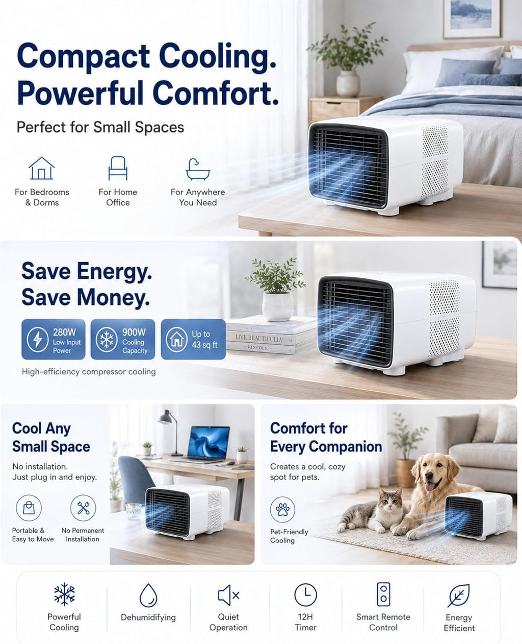  Climatiseur Mobile Pour Chambre Et Bureau, 900W De Refroidissement, 280W Faible Consommation, 45 DB Silencieux, Minuterie 1-12H, Affichage Numérique, Télécommande