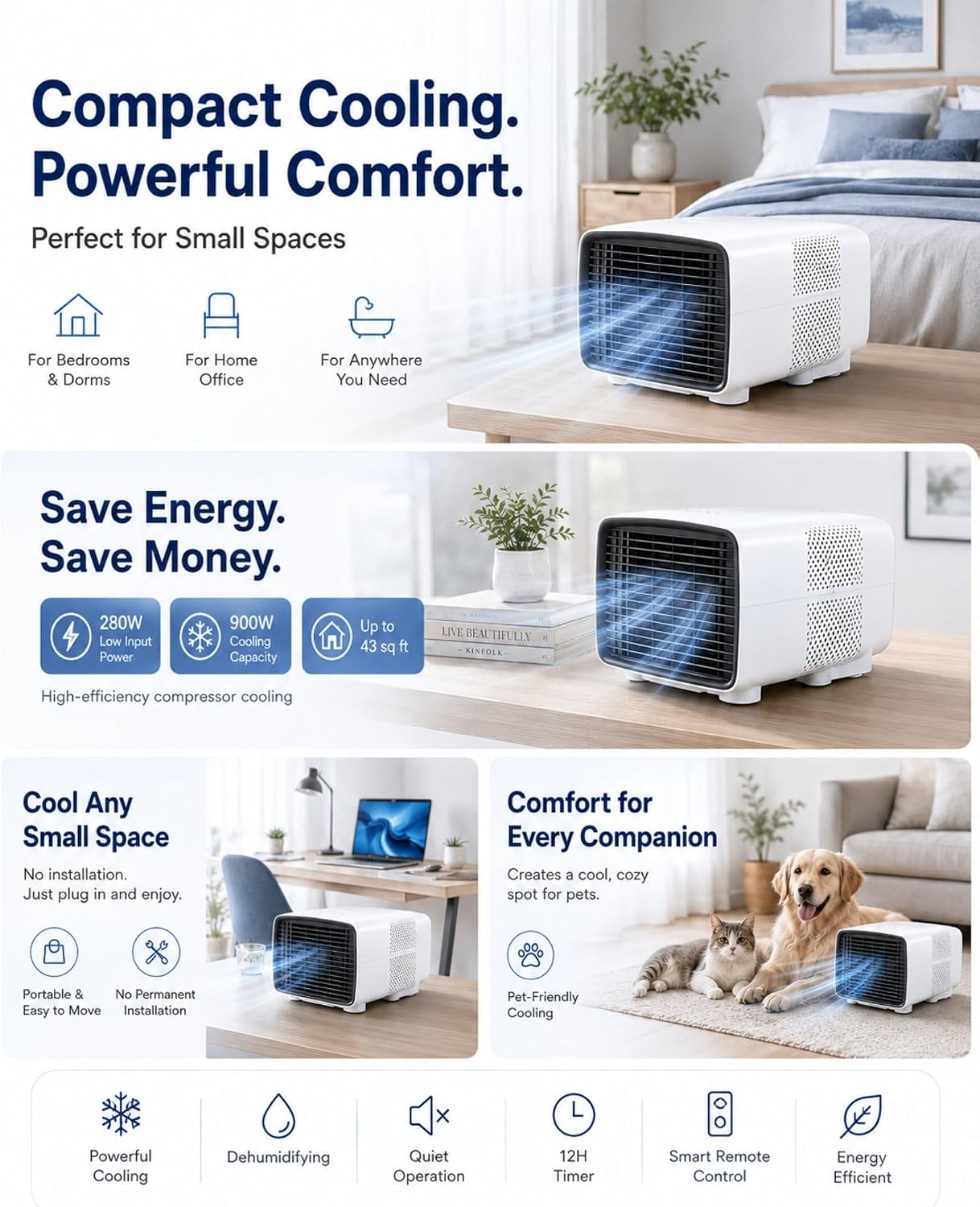  Climatiseur Mobile Pour Chambre Et Bureau, 900W De Refroidissement, 280W Faible Consommation, 45 DB Silencieux, Minuterie 1-12H, Affichage Numérique, Télécommande