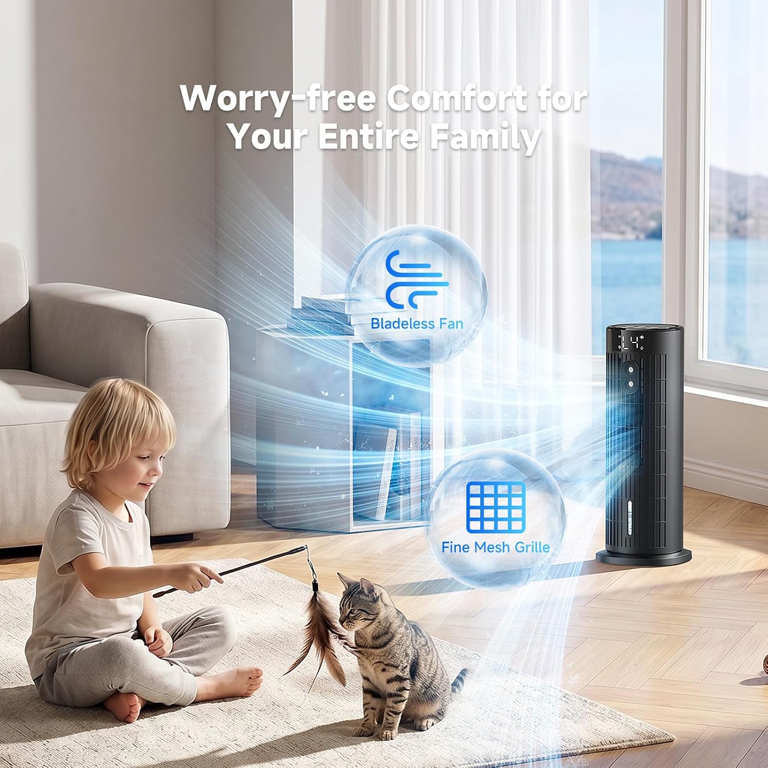 Climatiseur Mobile Portable Rafraîchisseur D'air Silencieux (Améliorée) Pour Chambre - Puissance 7,5 M/s, Oscillation 90°, 4 Vitesses, 2 Modes, Minuteur 10H, Télécommande, Sans Lame, Noir Carbone