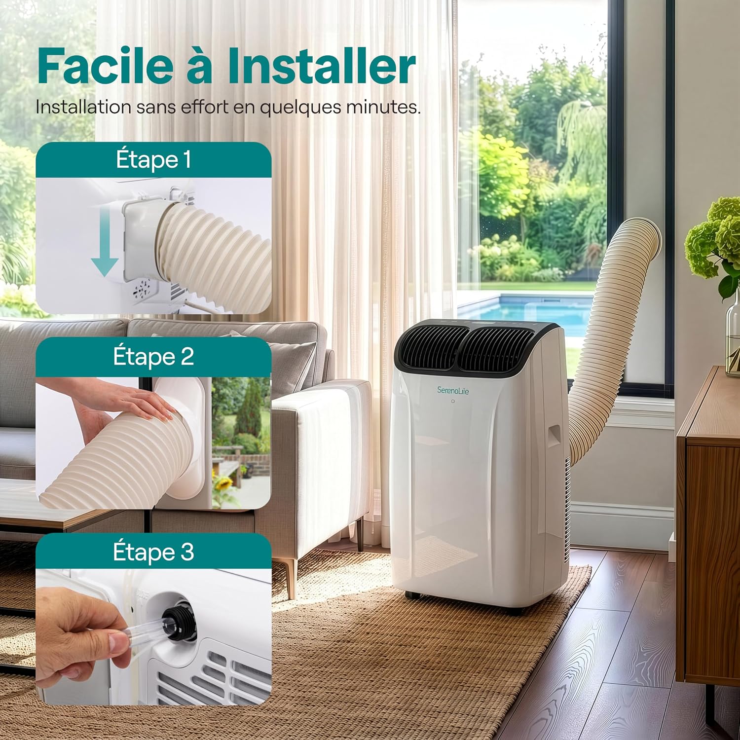  SereneLife Climatiseur Portable 12 000 BTU – Clim Mobile 4 En 1 Silencieuse Avec WiFi, Rafraîchisseur D’Air, Déshumidificateur, Ventilation, Chauffage, Kit Fenêtre, Contrôle APP